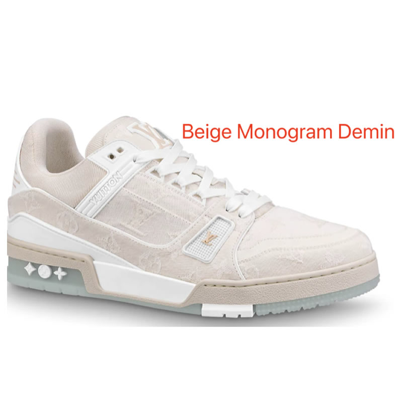 New L V Trainer Sneaker Shoes Beige Monogram Demin (1) - newkick.vip