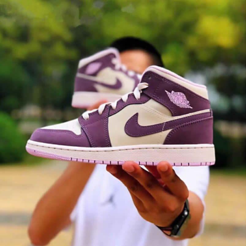 Air Jordan 1 Mid GS 'Pro Purple / Desert Sand' Shoes For Women 555112-500 In Hand