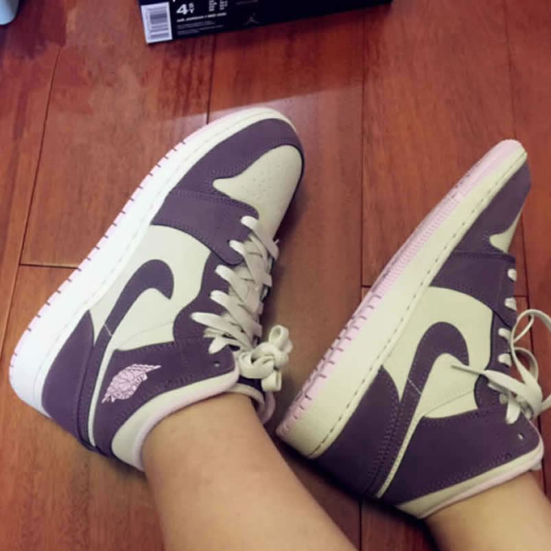 Air Jordan 1 Mid GS 'Pro Purple / Desert Sand' Shoes For Women 555112-500 On Feet