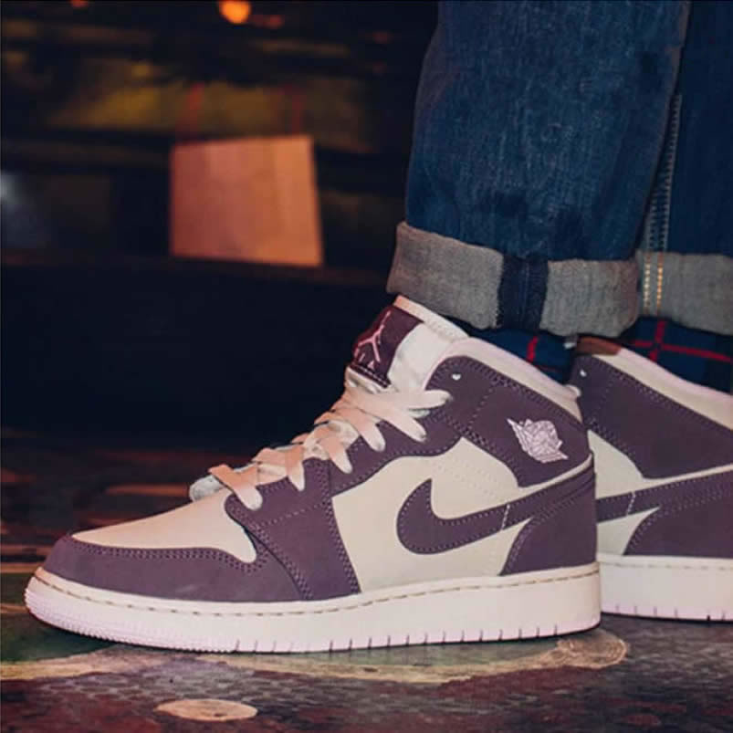 Air Jordan 1 Mid GS 'Pro Purple / Desert Sand' Shoes For Women 555112-500 On Feet