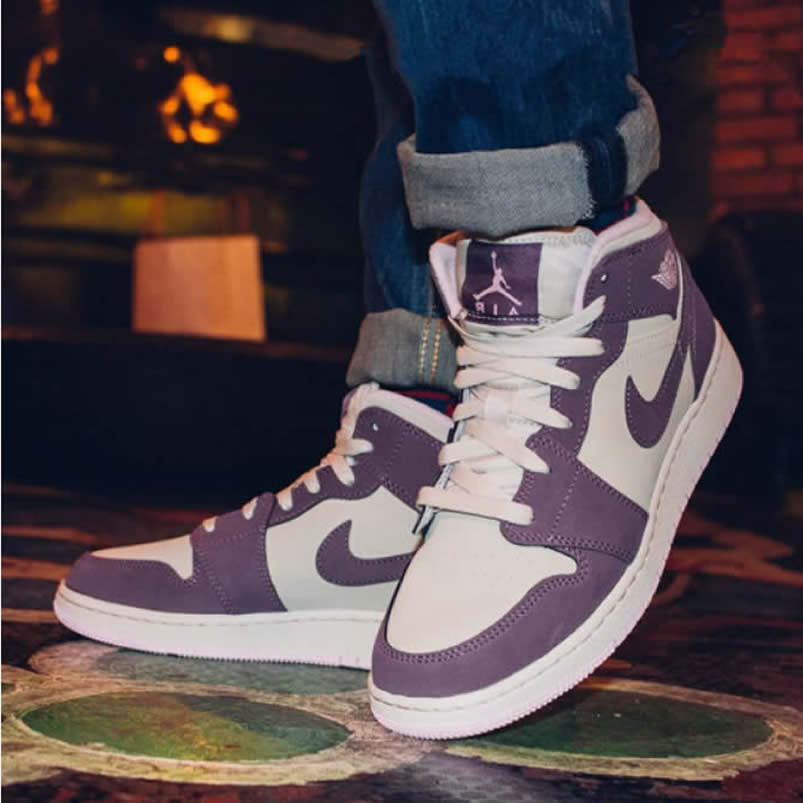 Air Jordan 1 Mid GS 'Pro Purple / Desert Sand' Shoes For Women 555112-500 On Feet