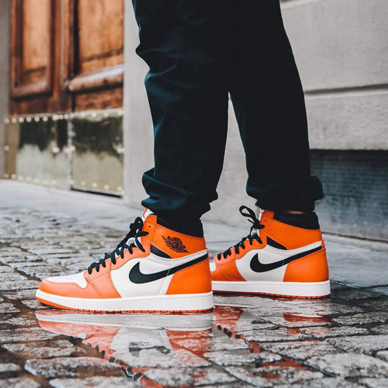 air jordan 1 orange retro high og shattered backboard away on feet