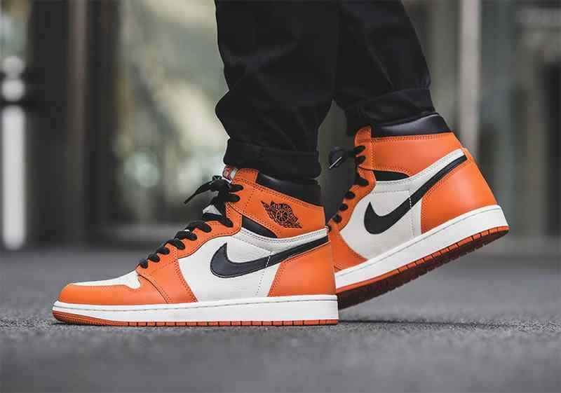 air jordan 1 orange retro high og shattered backboard away on feet