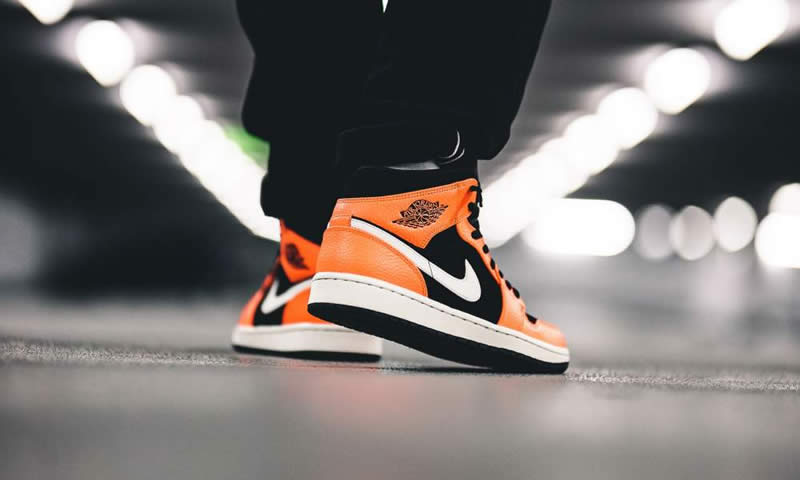 shattered backboard air jordan 1 mid black orange peel on feet