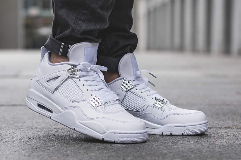 air jordan 4 all white silver pure money mens gs for sale on feet image