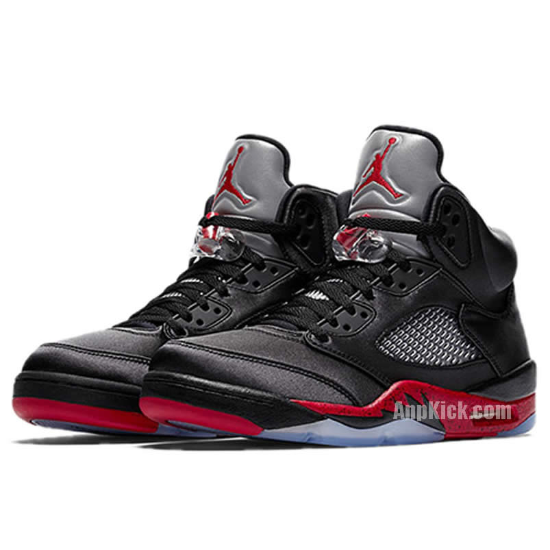 Air Jordan 5 Satin Bred Black University Red On Feet Outfit 136027 006 (3) - newkick.vip