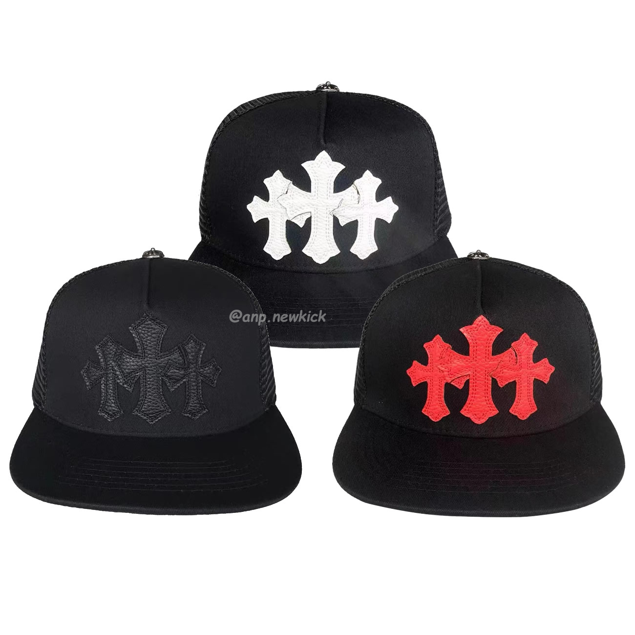 Chrome Hearts Tri Cross Black White Red Trucker Hat (1) - newkick.vip