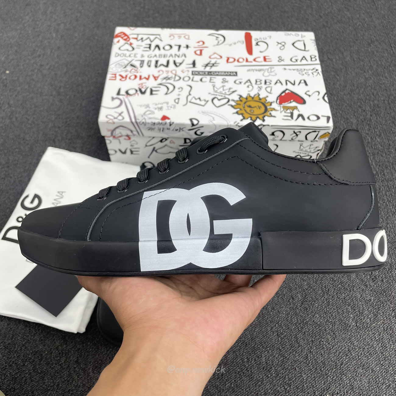 Dolce Gabbana Dg Logo Print Portofino Napa Calf Leather Sneakers (22) - newkick.vip