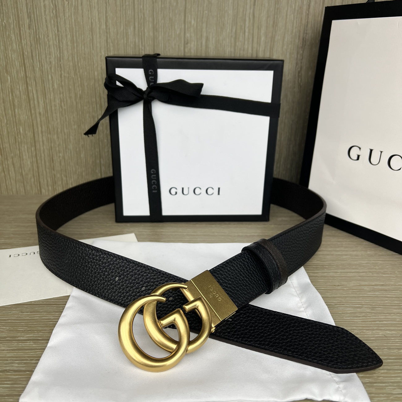 Gucci Double G Logo Full Grain Reversible Belt Leather Black Brown (10) - newkick.vip