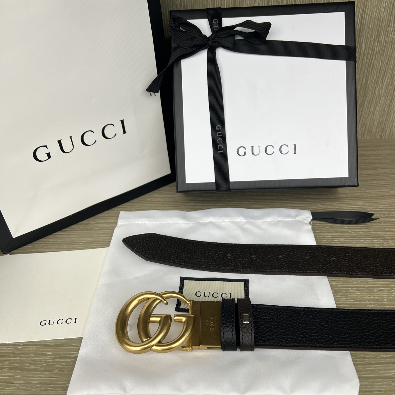 Gucci Double G Logo Full Grain Reversible Belt Leather Black Brown (2) - newkick.vip