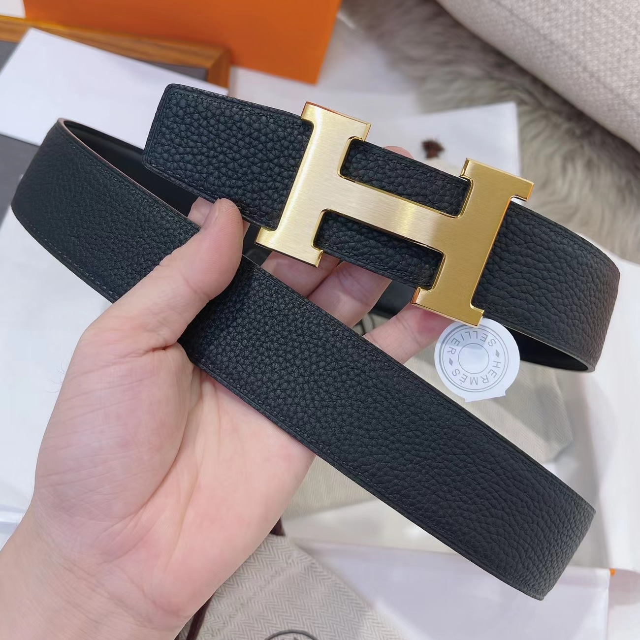 Hermes Full Grain Reversible Belt Leather Black (12) - newkick.vip