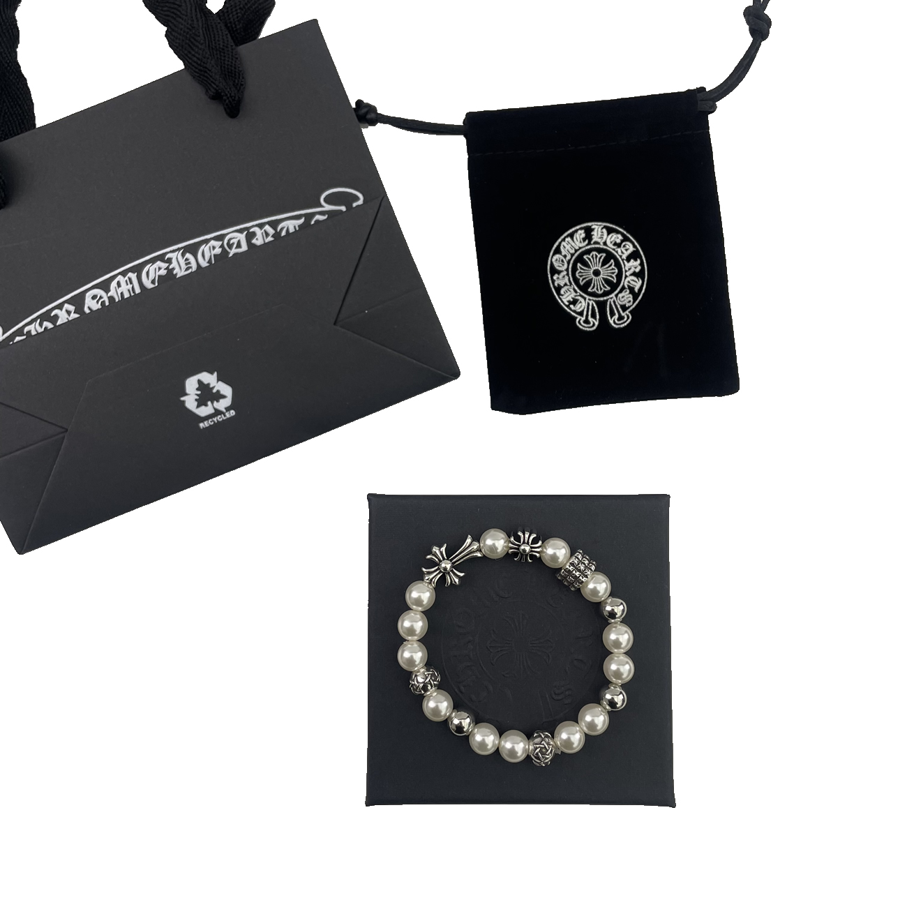 Chrome Hearts Pearl Silver Cross Flower Letter Ball Bracelet (1) - newkick.vip