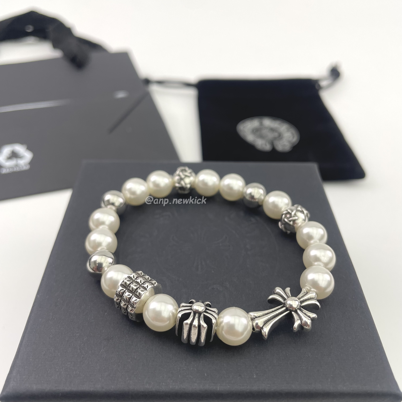 Chrome Hearts Pearl Silver Cross Flower Letter Ball Bracelet (9) - newkick.vip