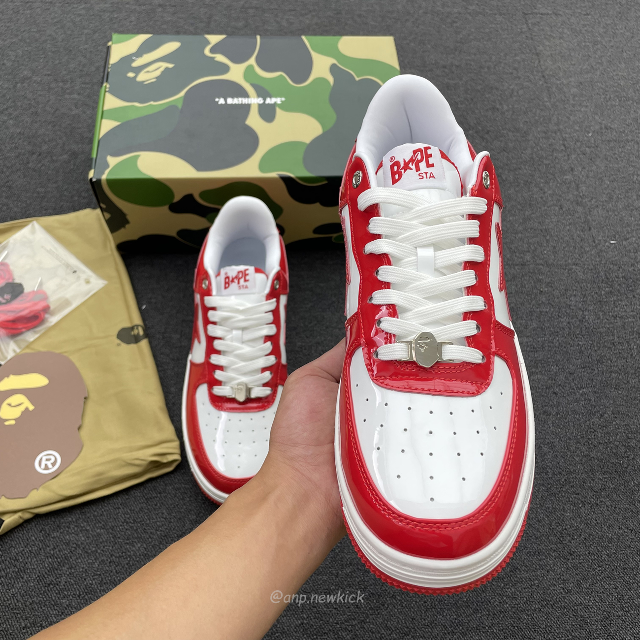 A Bathing Ape Bape Sta Patent Leather White Red 1i70 291 021 (5) - newkick.vip