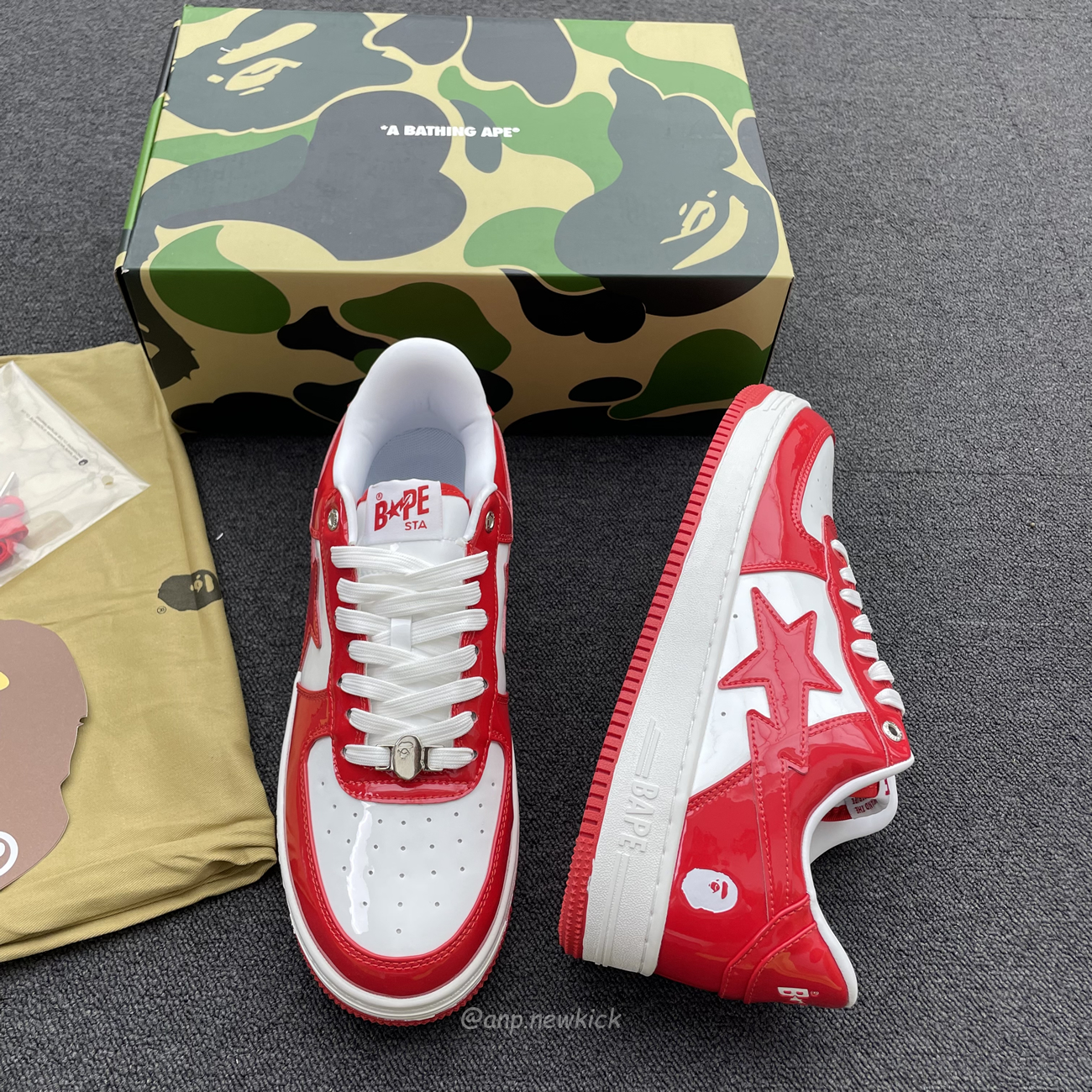 A Bathing Ape Bape Sta Patent Leather White Red 1i70 291 021 (7) - newkick.vip