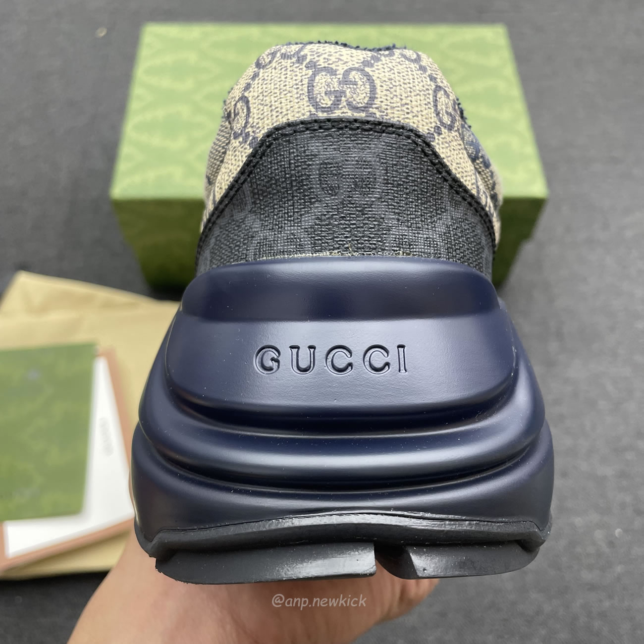 Gucci Blue Rhyton Gg Print Leather And Canvas Sneakers (3) - newkick.vip