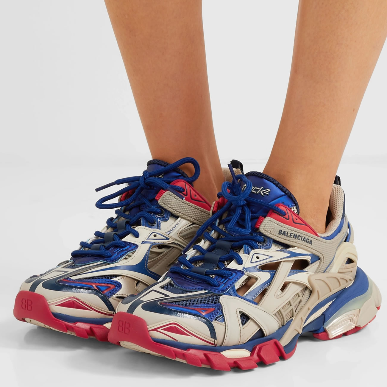 Balenciaga Track 2 Logo-Detailed Mesh Rubber Sneakers Grey Blue Red