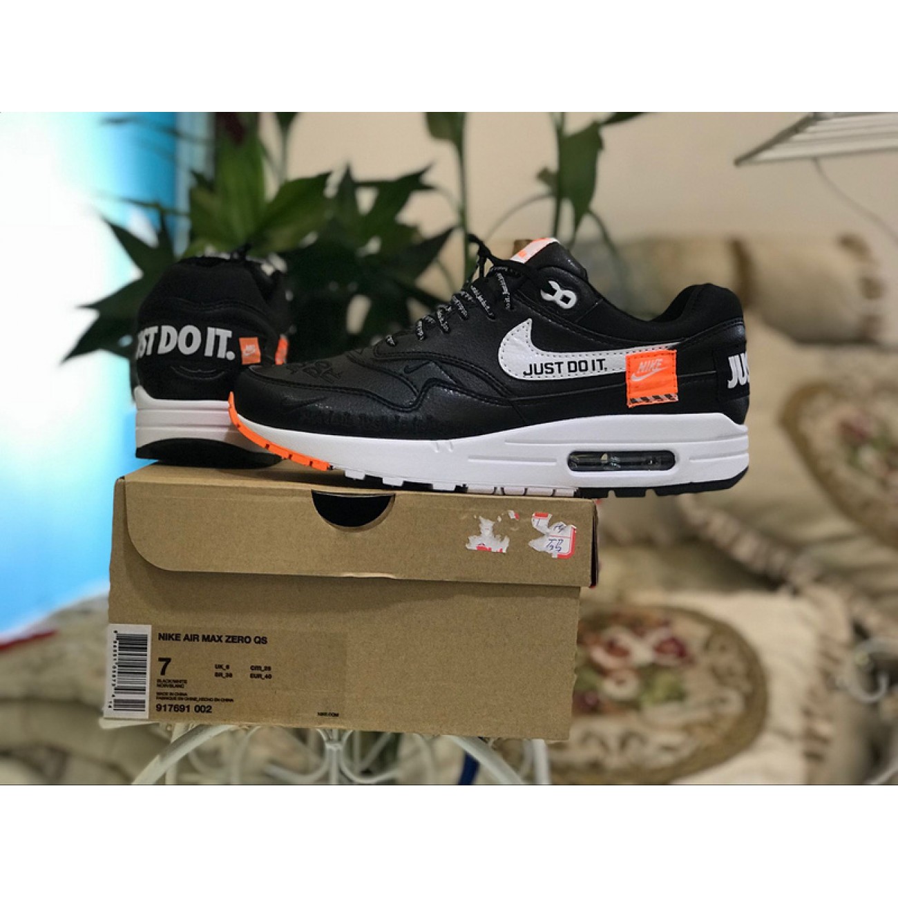 Nike "Just Do It" Air Max 1 Mens Running Shoes Black White Orange Shock 917691-002