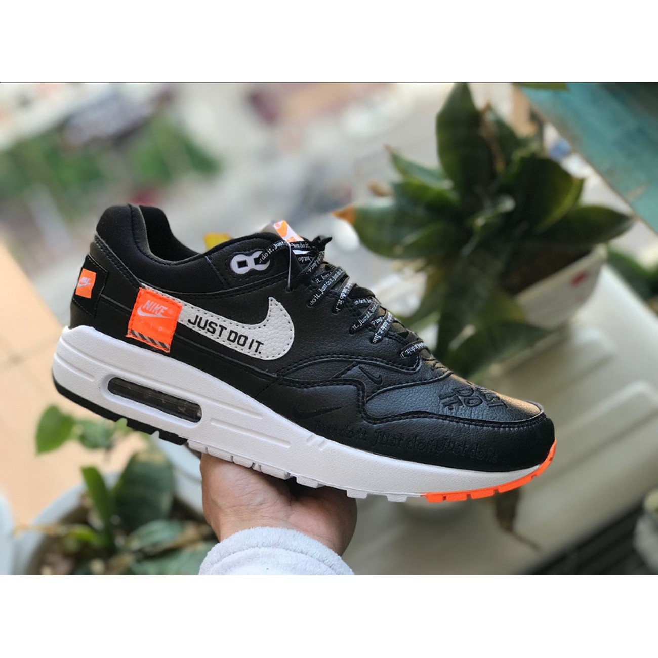 Nike "Just Do It" Air Max 1 Mens Running Shoes Black White Orange Shock 917691-002