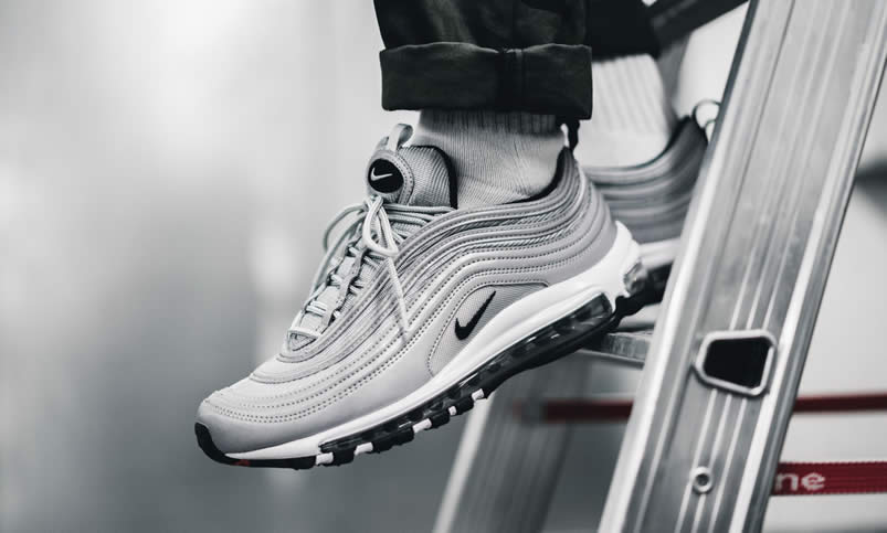 Air Max 97 Premium Reflective Silver Black Bullet Shoes On Feet 312834-007